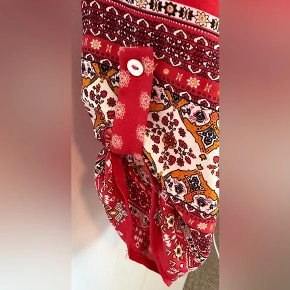 West Kei Red Boho Tie-Front Peasant Blouse with Ivory & Mustard Accents - Picture 2 of 6